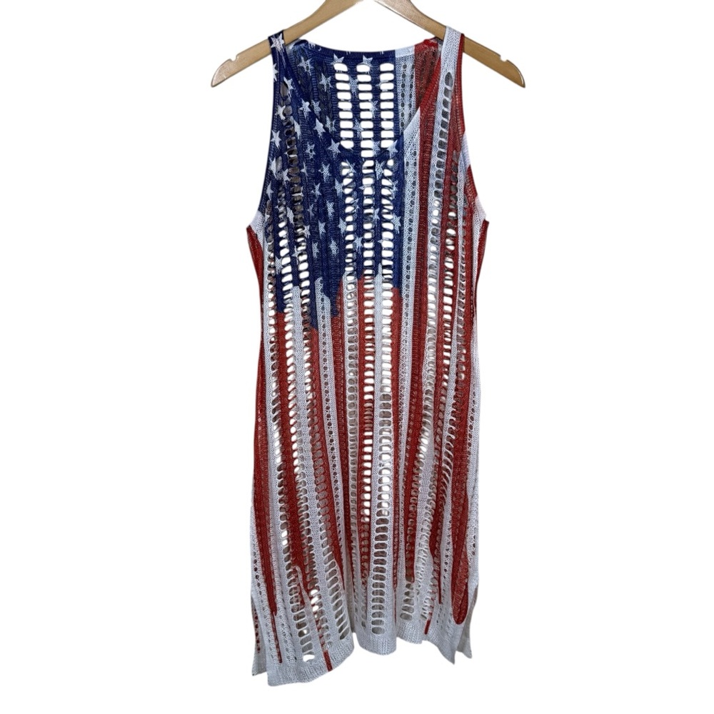 Patriotic Red, White, and Blue Flag Design Knit Dress Swimsuit Coverup Size XL
